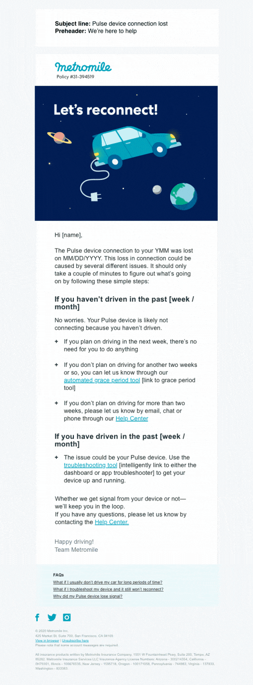 Animated email mockup with a final notice that No Signal charges will begin if the device isn't reconnected.